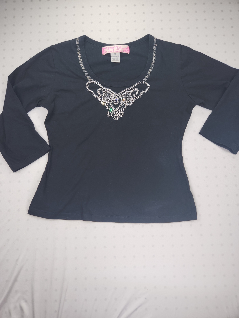 Sassy Thai Womens Small Black Rhinestone Embellished Neckline 3/4 Sleeve Cotton